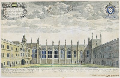 Collegium Novum: elevated view of New College Front Quad from the south, 1675 (engraving with later hand colouring) by David Loggan